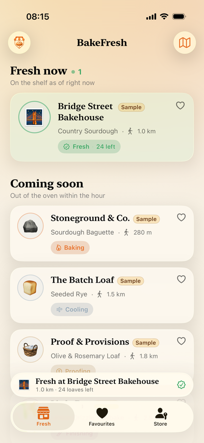 The BakeFresh home screen, listing nearby bakeries with what is fresh now and what is coming out of the oven soon.